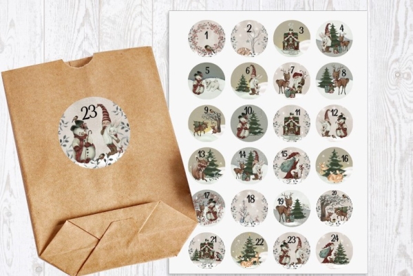 24 Stück zuckersüße Adventskalenderaufkleber Sticker Vintage Weihnachten  /4cm rund mit-oder ohne 24 Beutelchen aus Kraftpapier